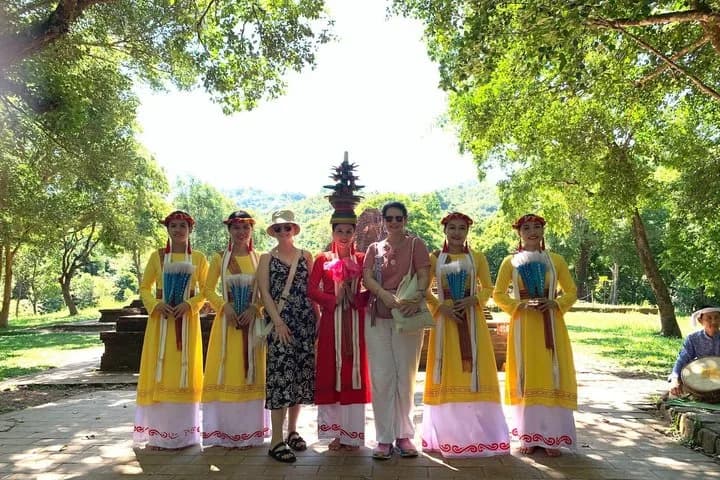 Guests exploring the inner temple groups at My Son Sanctuary with their private Fingo guide.