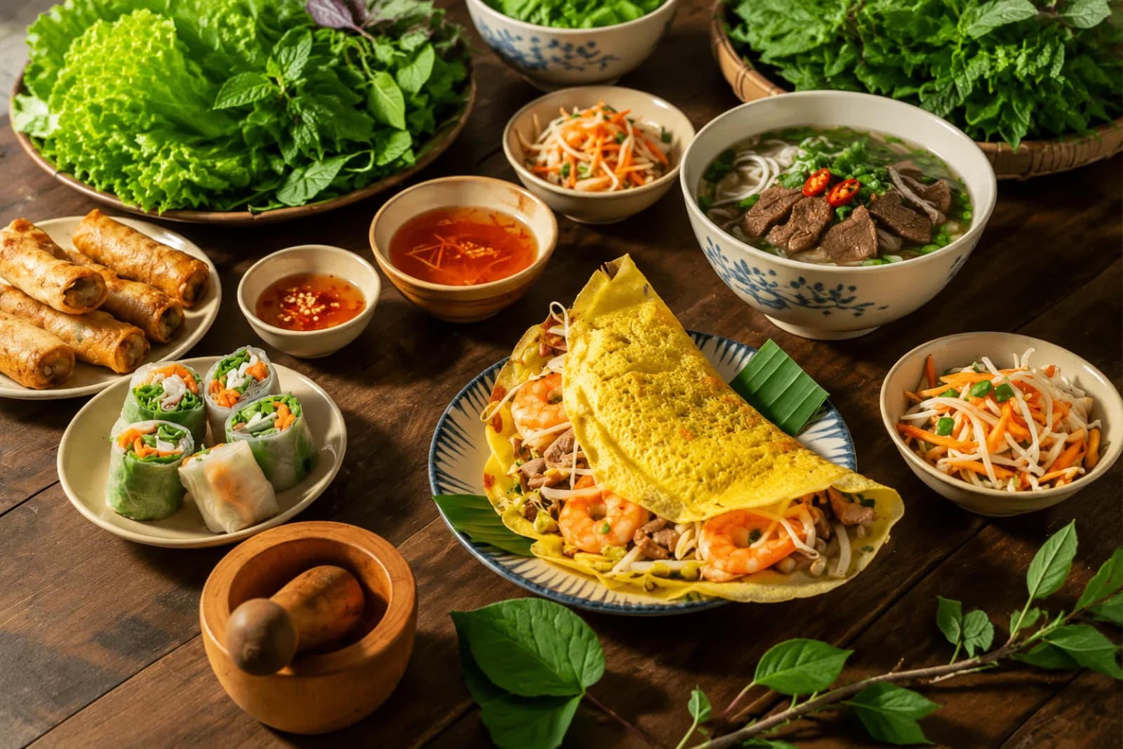 A spread of banh xeo, fresh spring rolls and pho laid out at a tasting stop on the food tour.