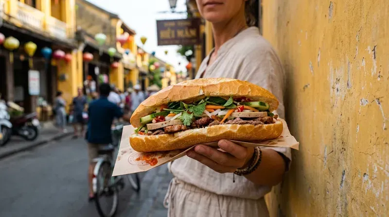 A traveller holding a freshly made banh mi on a sunny Hoi An Old Town street.