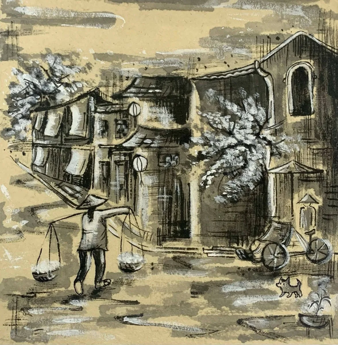 Morning street food vendors setting up along Le Loi street in Hoi An Old Town, bamboo carrying poles and steaming pots visible in early light