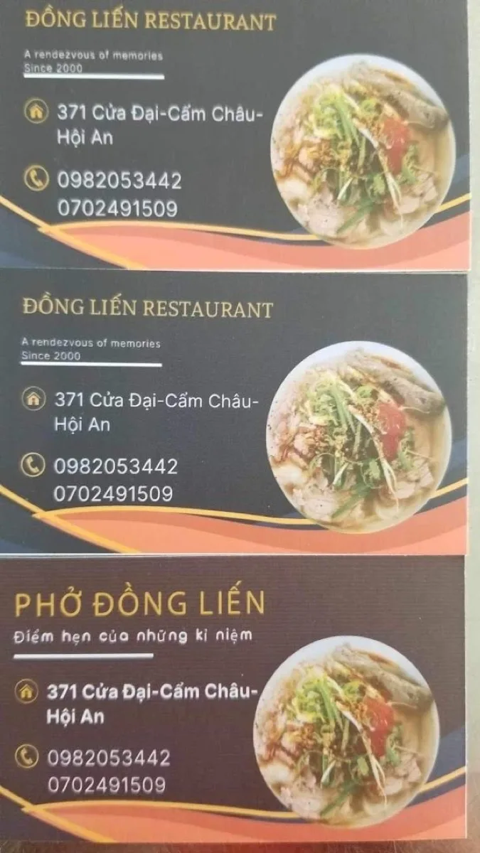 Đồng Liến business cards — a rendezvous of memories, since 2000, with a photo of the house bowl