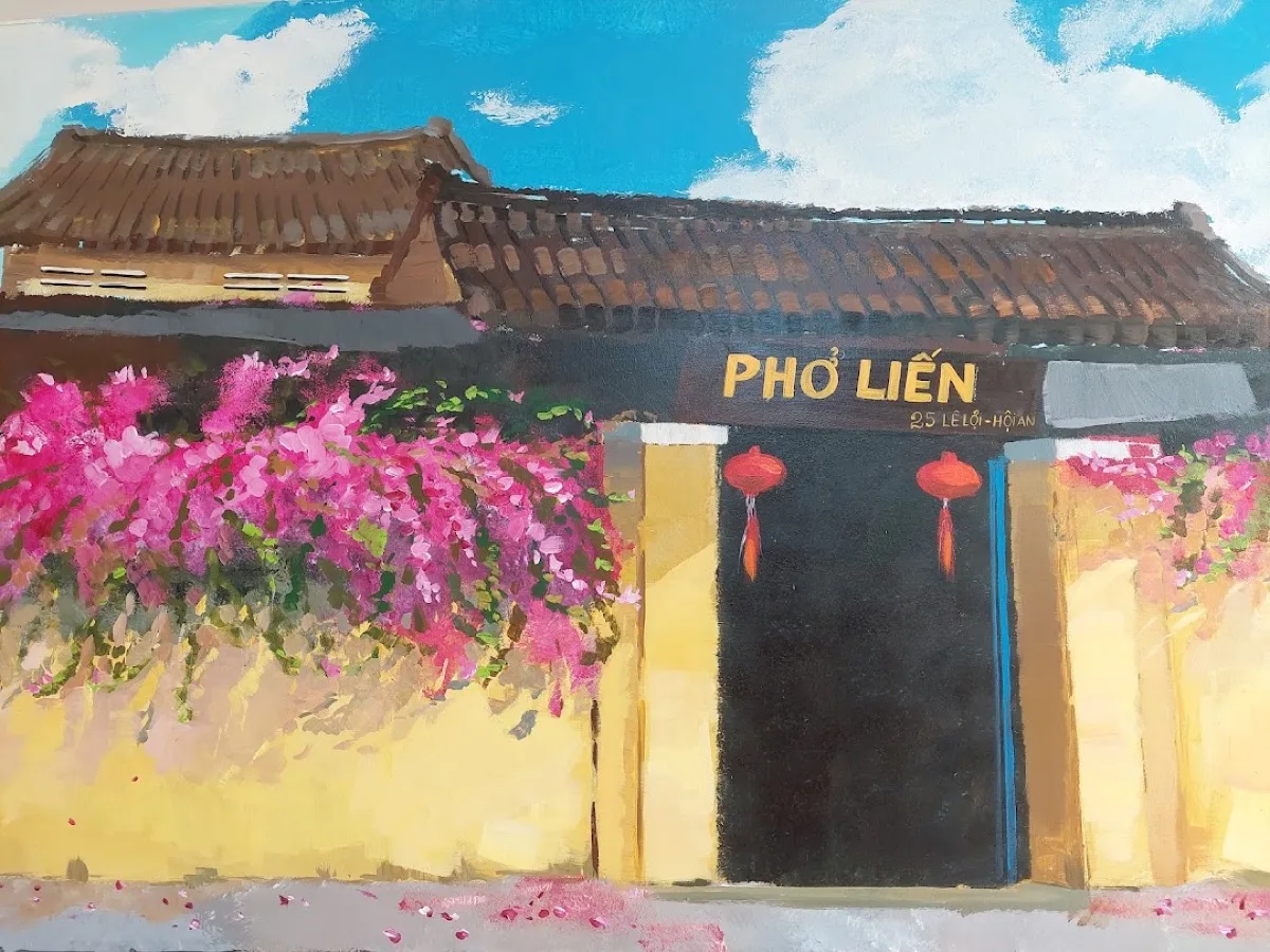 A painting of the original Phở Liến storefront at 25 Lê Lợi — yellow old-town walls, red lanterns and bougainvillea