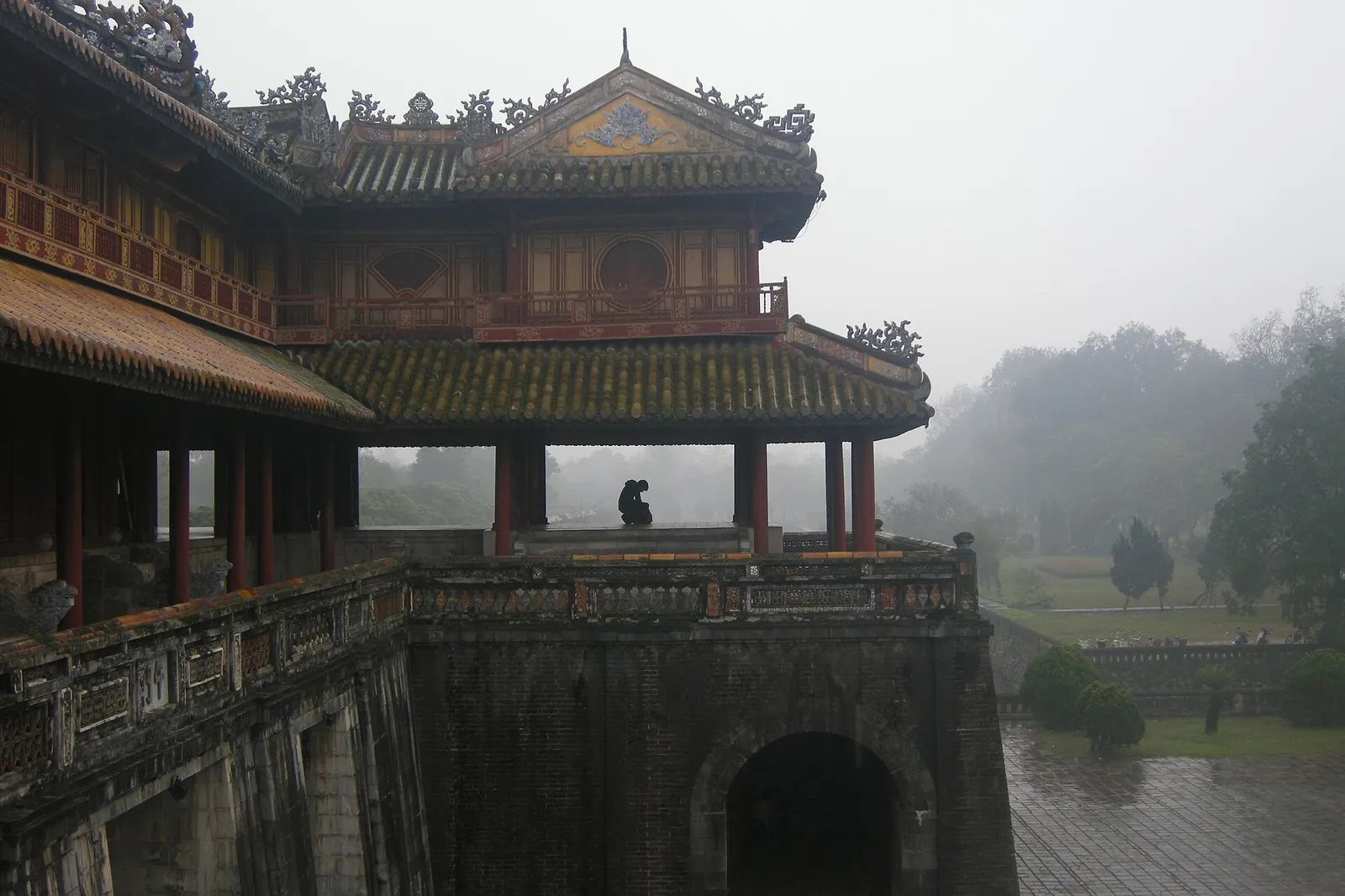 The Meridian Gate of the Imperial City in Hue on a misty morning.